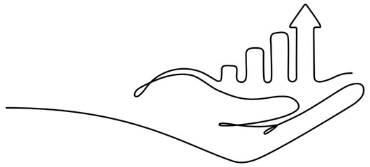 Poster - hand holding arrow with growth graph continuous line drawing. vector illustration isolated on white.