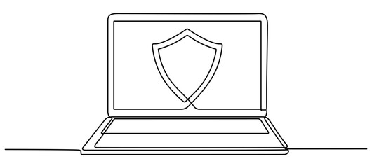 Canvas Print - Laptop with shield continuous line drawing. Open computer gadget with protect linear symbol. Vector illustration isolated on white.