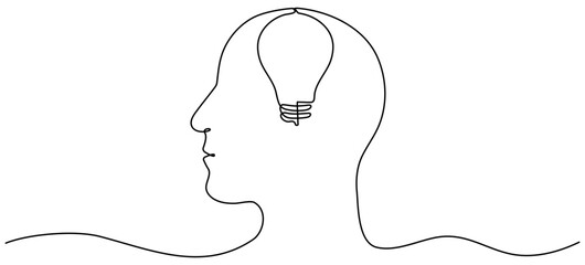 Poster - Continuous line drawing head with light bulb. Thinking linear symbol. Create idea concept. Vector illustration isolated on white.
