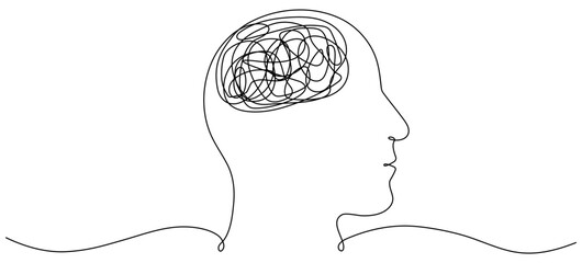 Poster - Continuous one line drawing of man head. Male head with confused thoughts. Depressed concept. Bad mental health linear symbol. Vector illustration isolated on white.