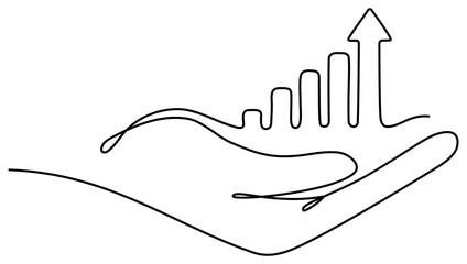 Poster - hand holding arrow with growth graph continuous line drawing. vector illustration isolated on white.