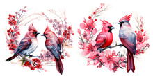 Two Red Cardinals Standing In A Circular Wreath Of Flowers With Cardinal Wildflowers Watercolor Elements Set 
