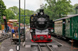 Eine Dampflokomotive der Schmalspurbahn „Rasender Roland“ wird in Göhren auf der Insel Rügen in Mecklenburg-Vorpommern zur Weiterfahrt bereitgemacht. Die Bahn ist eine Touristenattraktion. 