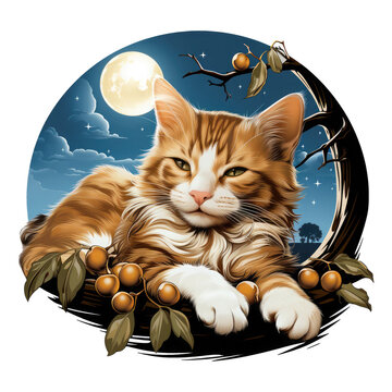 A tranquil coffee cat t-shirt design capturing a cat nestled among oversized coffee beans forming a natural bed, Generative Ai
