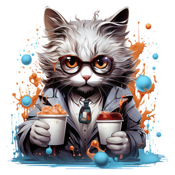 A surreal coffee cat t-shirt design showcasing a cat as a coffee magician, conjuring latte art shapes that come to life, Generative Ai
