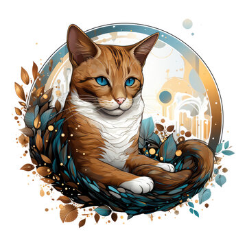 An ethereal coffee cat t-shirt design showing a cat perched on a crescent moon made of coffee beans, Generative Ai
