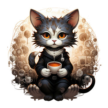 A whimsical coffee cat t-shirt design featuring a cat as a coffee storyteller, sharing tales with a circle of enchanted coffee cups as the audience, Generative Ai
