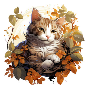 A serene coffee cat t-shirt design capturing a cat nestled in a coffee plant's embrace, surrounded by coffee blossoms and serene morning light, Generative Ai
