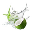 Coconut water splashing out of a fresh green coconut isolated on white background