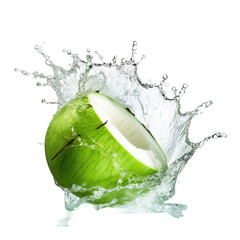 Coconut water splashing out of a fresh green coconut isolated on white background