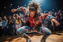 Female Breakdancer Captivates The Audience With Her Dynamic Routine At A Competitive Breakdancing Sport Event