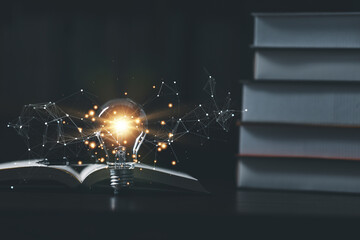 Wall Mural - Light bulb with book, Idea concept for innovation idea, power of knowledge, power of reading, Self-learning, education knowledge. Internet education course degree, Idea of learning online class.