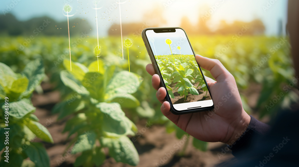 AI-powered Pest Detection: An illustration of a farmer using a smartphone app with AI-powered image recognition to identify and manage crop pests and diseases