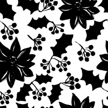 Elegant Winter Seamless Pattern With Hand Drawn Holly Berries And Poinsettia Flowers. Vector Illustration. Handmade Floral Pattern. Can Be Used For Holiday Invitations, Greeting Cards,  Gift Wrap.