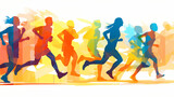Fototapeta  - Female and male athlete runners doing a training exercise for a sports race event by jogging and running shown in a contemporary athletic abstract design, Generative AI stock illustration image
