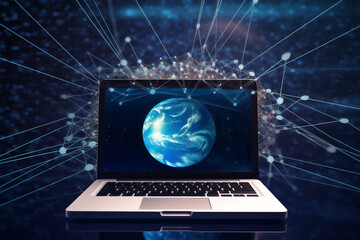 Wall Mural - Global communication big data being transmitted across the world while using a laptop computer on the internet by the use of artificial intelligence, computer Generative AI stock illustration