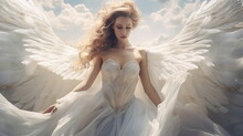 Beautiful Girl In Angel Costume With Wings. Fantastic Angel On The Sky Background
