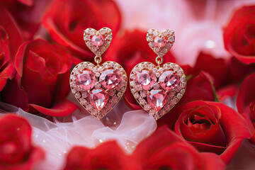 Wall Mural - Red heart shaped earrings with diamonds , Valentine's gift
