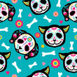 Cute cartoon dog and cat bright seamless pattern. Skeleton cats, dog and flowers. Muertos pattern with skull. Floral skull face. Mexico day dead holiday. Vector illustration