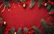 Festive Christmas Background  Xmas Tree and Sparkling Bokeh Lights on a Red Canvas Backdrop. Merry Christmas Card with a Winter Holiday Theme, Wishing a Happy New Year. Ample Space for Text