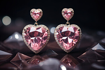 Canvas Print - Pink heart shaped earrings with diamonds 