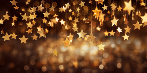 Wall Mural - close-up of golden christmas stars with bokeh