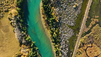 Wall Mural - a drone view of the river in the woods. an aerial view of an autumn forest. winding river among the 