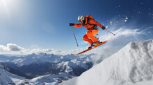 Skier Skiing Downhill In Snowy Mountains