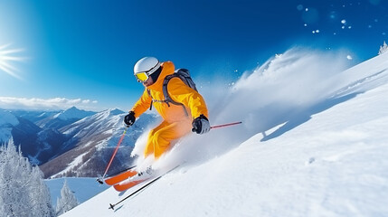 Wall Mural - Skier on the slope in the mountains