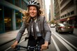 © Stavros - Cycling commuter - a middle aged beautiful Caucasian woman riding a bicycle on a road in a city street