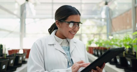 Poster - Tablet, science and sustainability with a woman in a greenhouse to study plant growth for ecology research. Technology, innovation and agriculture with a young scientist working on green medicine