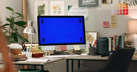 Aufkleber - Office, mockup or green screen on computer to research network, chroma key marker or web design. Background, empty or technology at work desk for copywriting branding, advertising or marketing space