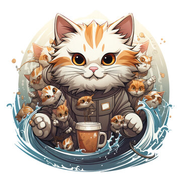 An adventurous coffee cat t-shirt design showcasing a cat as a coffee pirate captain, Generative Ai