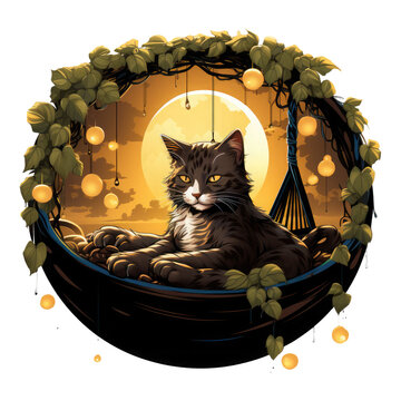 A tranquil coffee cat t-shirt design capturing a cat napping on a coffee bean hammock under the soft glow of a full moon, Generative Ai