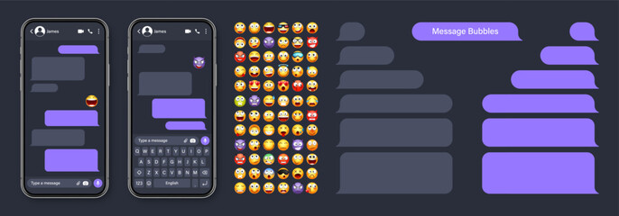 Smartphone messaging app, user interface with emoji. SMS text frame. Chat screen, violet message bubbles. Texting app for communication. Social media application. Dark mode. Vector illustration