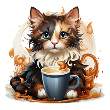 A whimsical coffee cat t-shirt design featuring a cat as a coffee artist, creating intricate latte art designs with a skilled paw, Generative Ai
