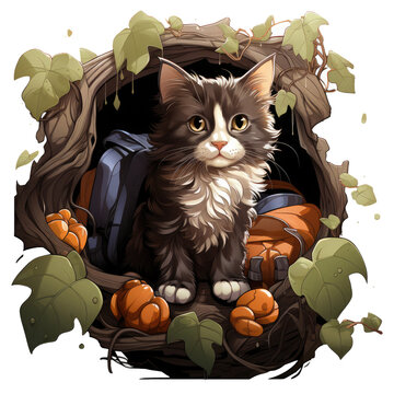 An adventurous coffee cat t-shirt design showcasing a cat as a coffee explorer, embarking on a journey through a mysterious coffee bean cave, Generative Ai