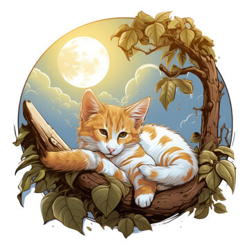 A tranquil coffee cat t-shirt design capturing a cat resting on a coffee bean hammock beneath a crescent moon, Generative Ai