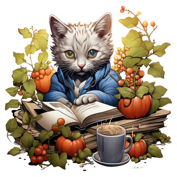 A whimsical coffee cat t-shirt design showcasing a cat as a coffee gardener, tending to magical coffee bean plants that grow colorful and unique coffee cups as their fruit, Generative Ai