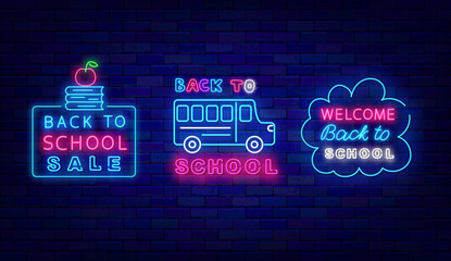 Wall Mural - Back to school sale neon labels collection. Bus icon. Cloud Frame. Vector illustration