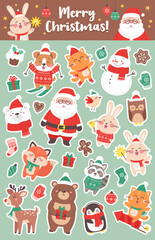 Crisrmas sticker sheet with cute characters for print. Santa Claus, bear, snowman, penguin, bunny, fox. Merry Christmas and Happy New Year. Vector illustration