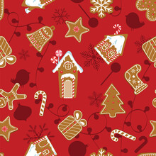 Seamless Pattern With Christmas Gingerbread In Vintage Style On Red Background.