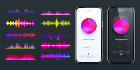 Wall Mural - Online audio player user interface, smartphone app UI design. Music, media streaming and listening platform. Responsive mobile application. Neumorphism. Various sound waves. Vector illustration