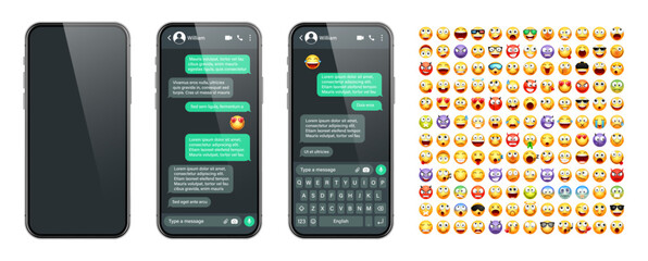 Wall Mural - Smartphone messaging app, user interface with emoji. SMS text frame. Chat screen, green message bubbles. Texting app for communication. Social media application. Dark mode. Vector illustration