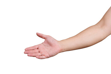 Wall Mural - man hand with palm open up isolated in white background. reaching for help and assist gesture concep