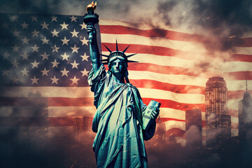 Statue of Liberty with American Flag Illustration, New York City Skyline, Generative AI