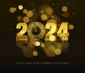 Wall Mural - new years holiday banner. new year countdown clock with gold numbers 2024 with effect bokeh and refl