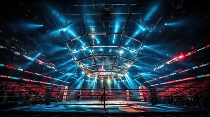 An electrifying illustration of a large boxing arena, buzzing with anticipation just moments before a high-stakes match is about to begin. The atmosphere is palpable, generative ai