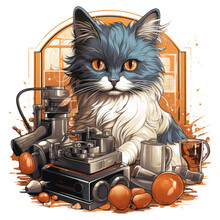 An Evocative Persian Cat Coffee T-shirt Design Showcasing A Vintage Coffee Grinder Set Against A Backdrop Of A Cozy Kitchen, Generative Ai