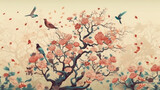 Fototapeta Sawanna - Illustration of a Japanese landscape with a tree and a flying bird generative ai
